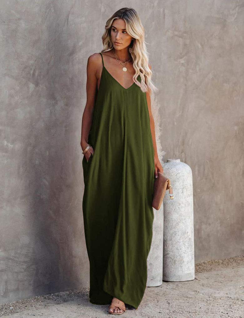 Poetsky Womens Loose Casual Strappy Sleeveless Long Maxi Summer Dress Pocekts (L, Army Green) - Image 2